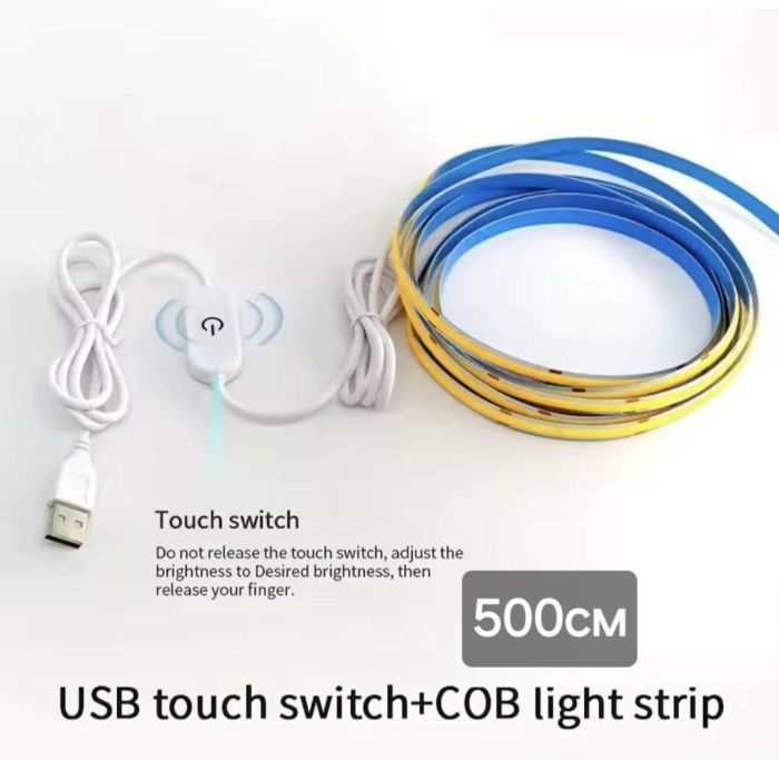 4м LED стрічка з USB 5V 8W COB 6500 (холодна біла) 8 мм для повербанка або USB адаптера ДУЖЕ Яскрава