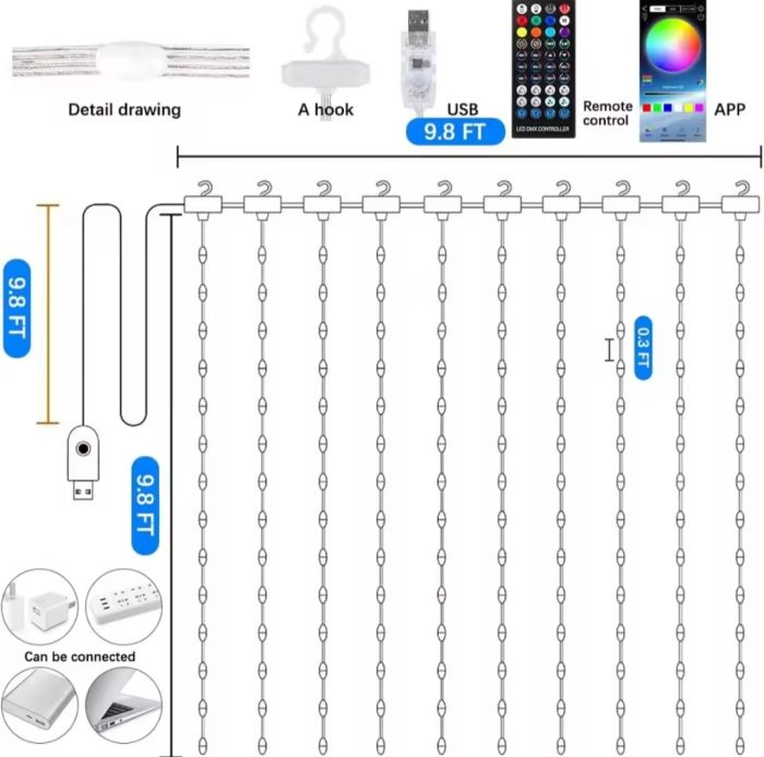 Гірлянда розумна штора прозорий провід від USB, 3 на 2м Usb